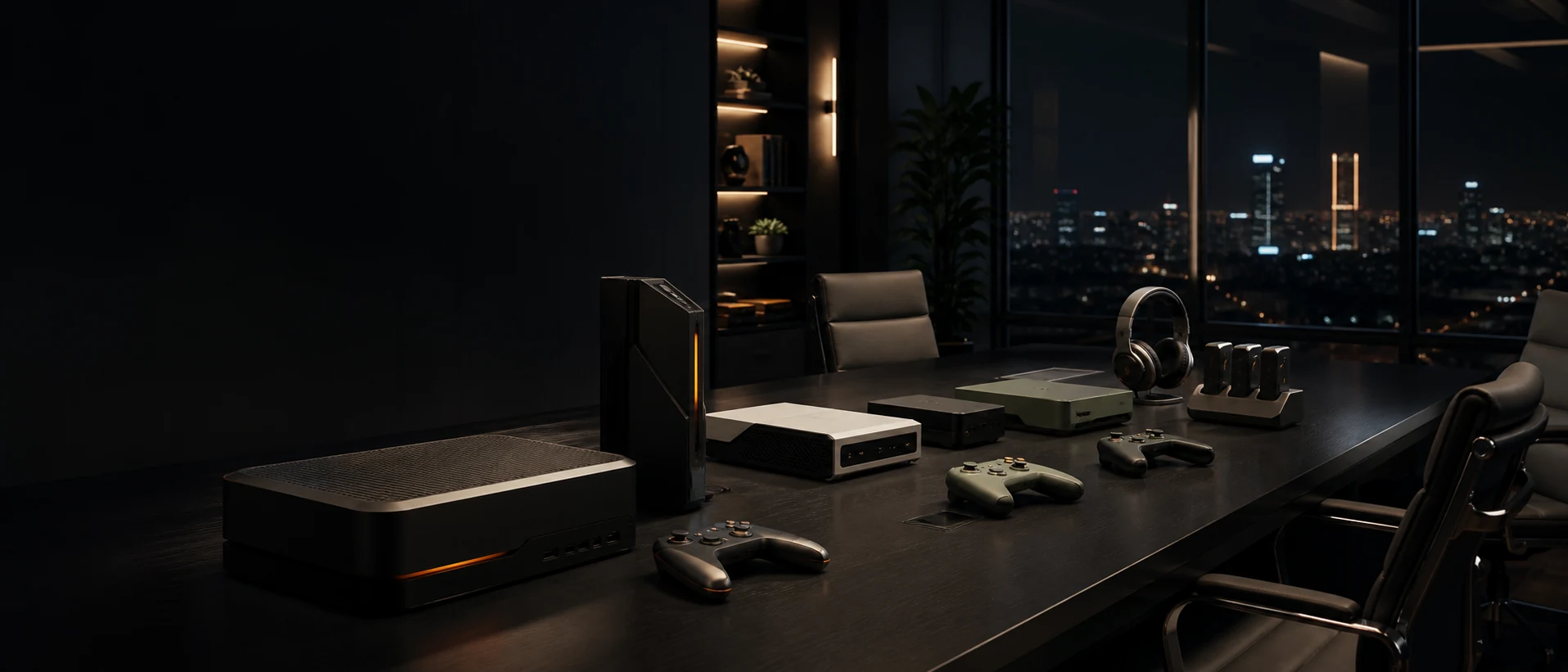 Unbranded game console and controllers in a stylish after-hours Gurugram boardroom