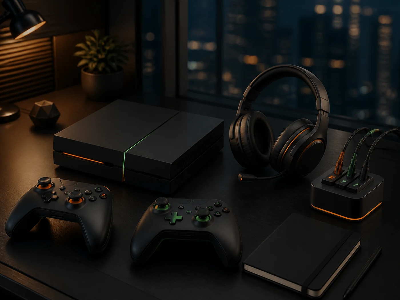 Complete gaming setup with console controllers and headset